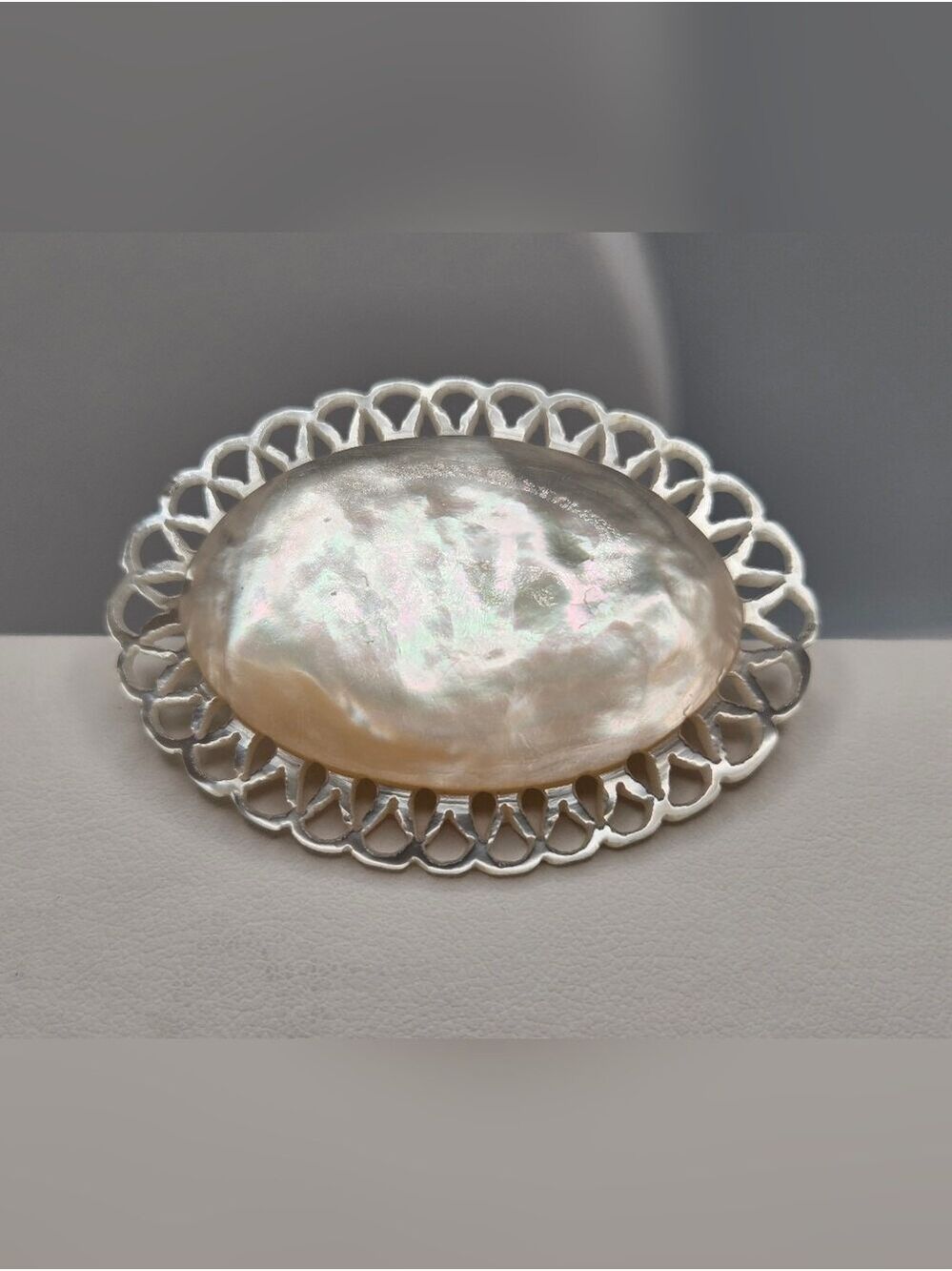 Antique Bethlehem Hand Carved Mother of Pearl Brooch Oval Vintage Pin